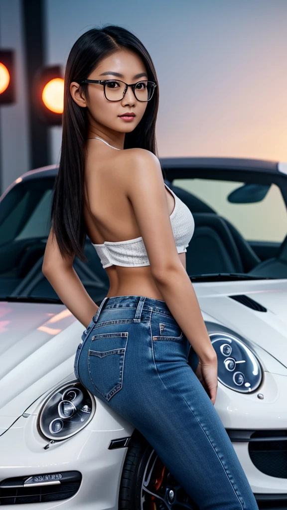 a cute tan Chinese girl wearing glasses,jeans, standing next to a Porsche 911 sports car, beautiful detailed eyes, beautiful detailed lips, extremely detailed face, long eyelashes, photorealistic, 8k, ultra-detailed, physically-based rendering, vivid colors, studio lighting, professional photography