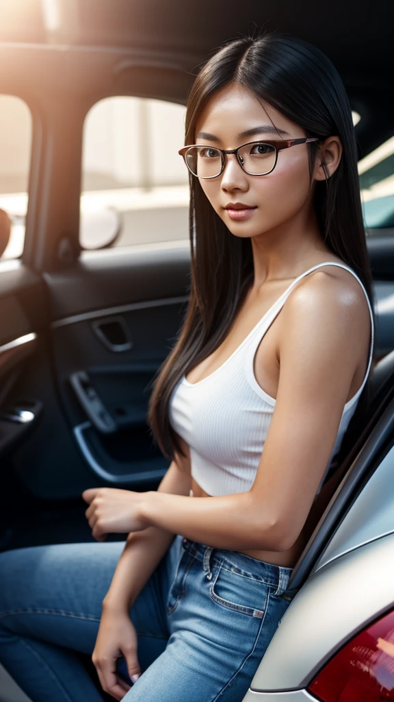 Beautiful Japanese woman driving a car、Black Hair、Beautifully straight long hair、Black-rimmed glasses、Angle from the passenger seat、Take the wheel、Concentrating on driving、Completely naked、Seat belt、The car is running