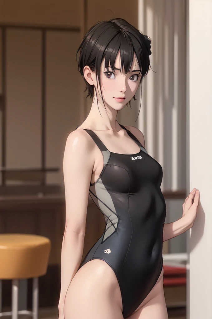 ((masterpiece, best quality)),((highres:1.2)), 1 Girl, solo, Blurred Background, ((One piece swimsuit)), (((Small breasts))), Thighs, pool, (Groin), (slanted eyes), Excited Pose, ((black pixiecut:1.2))