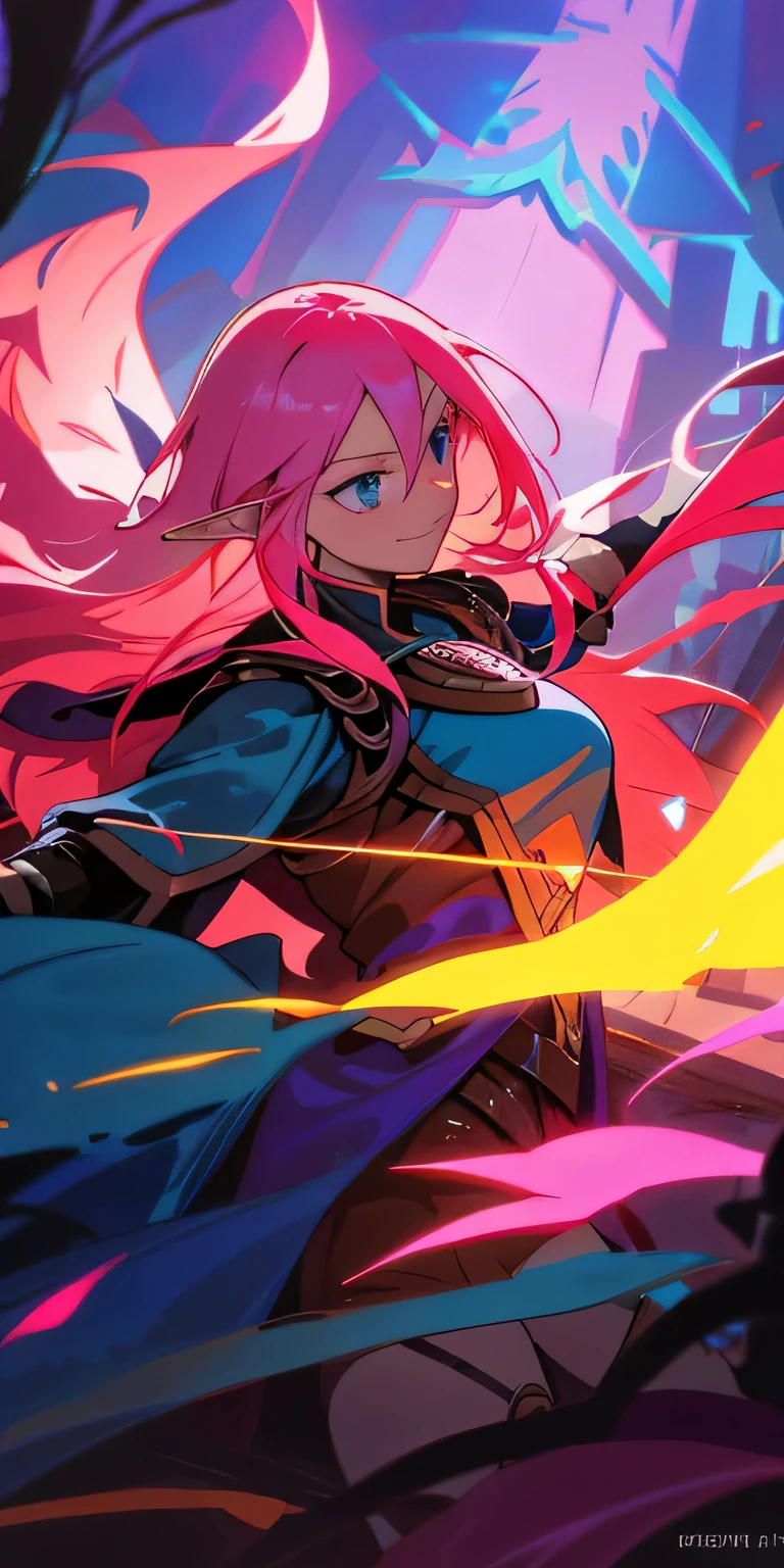 Very detailed illustration of a valkyrie, elf woman, long dark-pink hair, smirk, blue eyes, blushed, zoomed, detailed colorful port environment, whimsical, tetradic colors, cartoon, darkest dungeon merged with league of legends, MSchiffer, fairytale, fantasy, cartoonish vector, anime, manga, vibrant, soft pastel colors, (cel-shaded) flat coloring