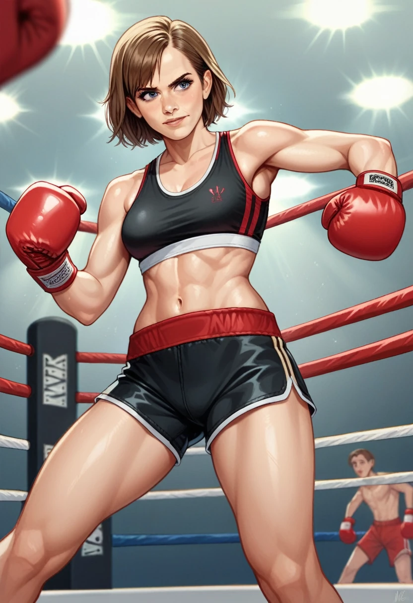 Actress Emma Watson in boxing ring,wearing sports bra, shorts ,boxing in boxing ring