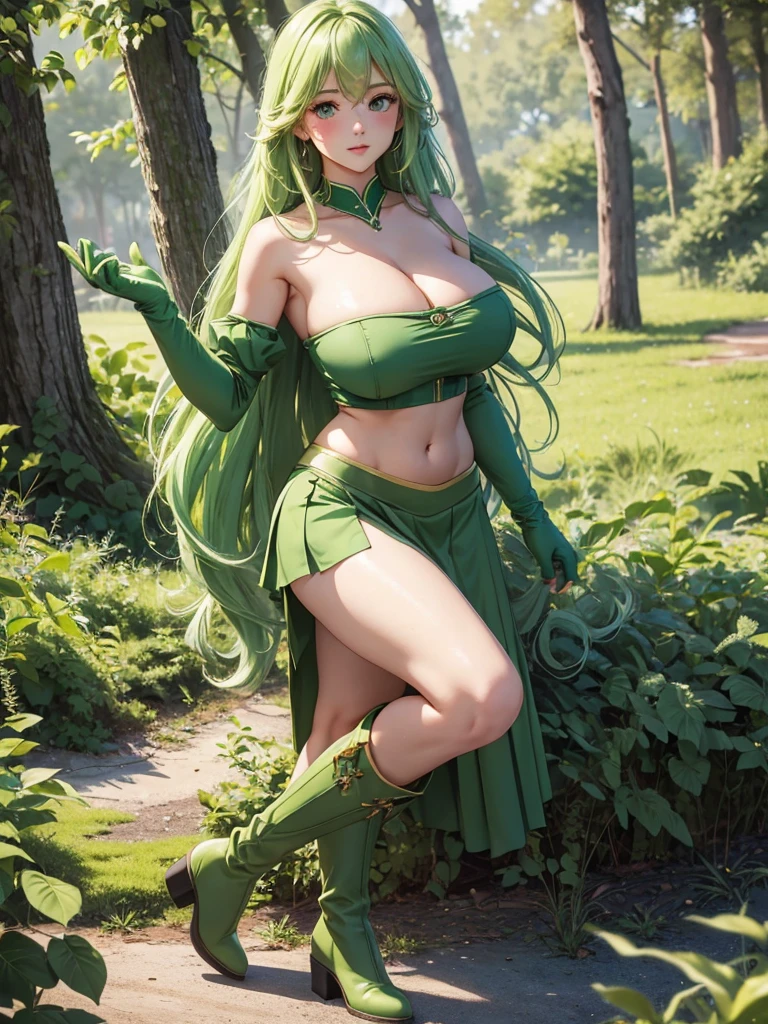 Full body, beatiful eyes, blush, cute face, realistic, 8k, best quality, masterpiece, (1 cute woman, solo: 1.1), very big breasts, long green hair, green crop top, green skirt, green gloves, green heel boots, naked shoulders