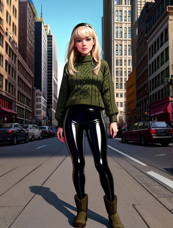(masterpiece,best quality,absurdres,beautiful,aesthetic,detailed), (Detailed face:1.2), (Detailed eyes:1.2), 1girl, solo, (Gwen Stacy:1.1), platinum blonde hair, bright blue eyes, ((Wearing: Black headband, olive green sweater, shiny black leggings, Ugg Boots)), looking at viewer with a snarky grin, standing outside on New York streets, crowds of people on the surroundings, busy atmosphere, full body, cinematic lighting, detailed background,