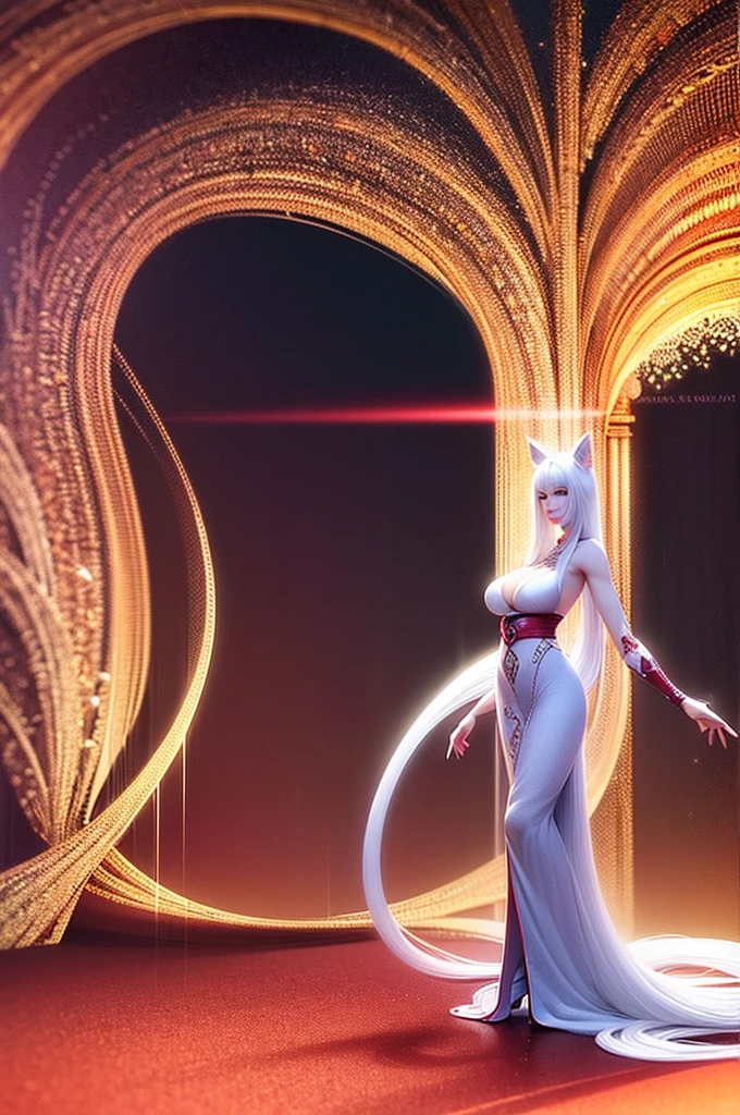 A beautiful girl with cat ears, long white hair, and a furry cat tail, red eyes, wearing white Qipao with red flowers details, slender figure with large breasts, (best quality,4k,8k,highres,masterpiece:1.2),ultra-detailed,(realistic,photorealistic,photo-realistic:1.37),detailed eyes,detailed lips,extremely detailed face,long eyelashes,fantasy,magical,digital painting,concept art,vibrant colors,dramatic lighting,highly detailed, full body image
