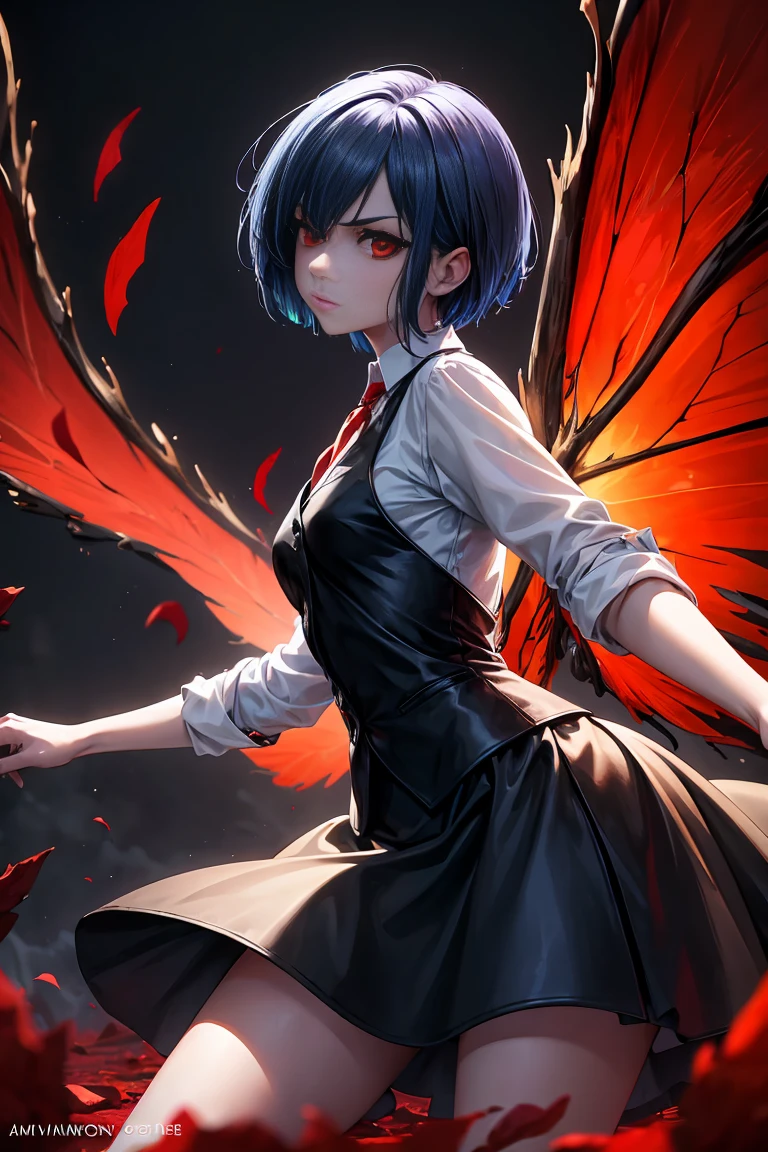 The image depicts a young woman with a dark and intense appearance. Her short blue hair is messy, partially covering her pale face. Its visible eye glows an intense red, giving it a menacing expression. Dressed in a white shirt and a well-fitting black vest, the young woman presents a formal look, but her look is broken by the presence of flaming and disintegrated wings that emanate a vibrant red light from her back. Bright red butterflies flutter around you, adding a mystical and otherworldly touch to the scene. The background is dark and hazy, reinforcing the atmosphere of mystery and power.