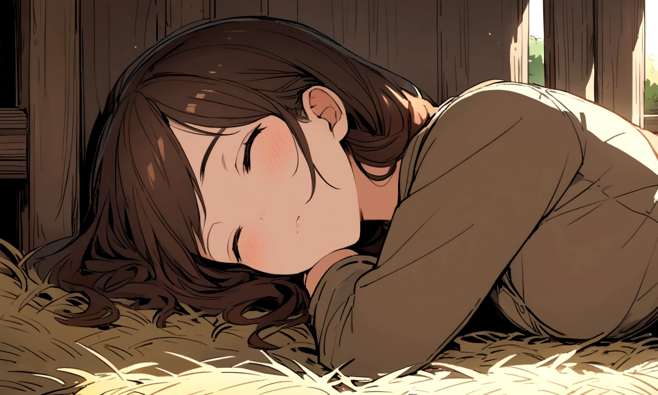 A brown-haired girl sleeping in a stable lying on the straw