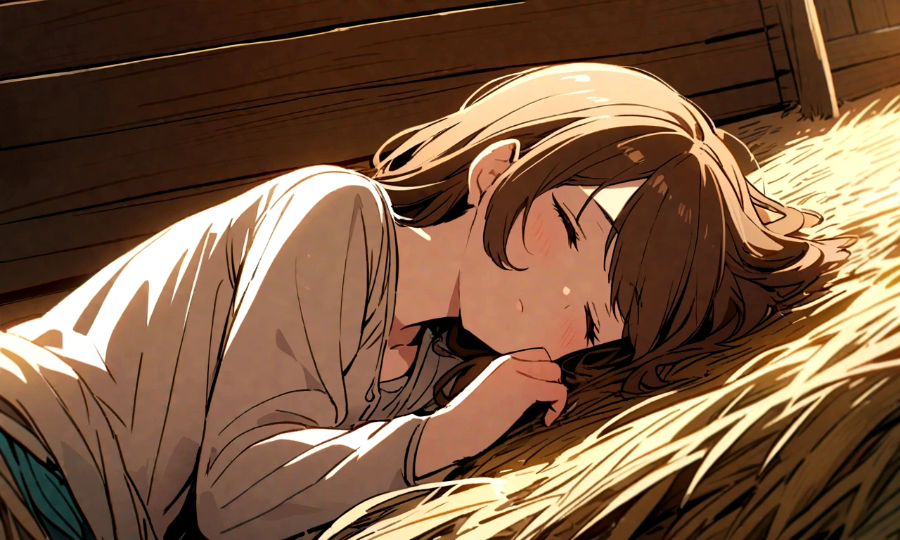 A brown-haired girl sleeping in a stable lying on the straw