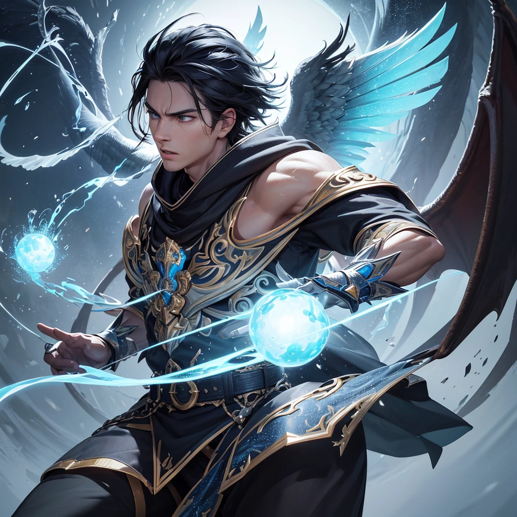 a tall and muscular man with raven-black hair and piercing ice-blue eyes, wearing lightweight armor designed for agility and a cloak that conceals his magical wings, holding a magical sword that can channel fire or ice power and a belt adorned with magical orbs used for enhancement and attacks, conjuring a blazing fireball in one hand and a shimmering ice spike in the other, taking flight with his magical wings, soaring through the air with confidence and determination, in a fierce battle scene against a formidable dragon or other adversaries, dynamic and action-packed, capturing the intensity of the battle and the character's prowess as a dragon hunter, fantasy elements with a touch of realism, vibrant colors of reds, oranges, and blues, (best quality,4k,8k,highres,masterpiece:1.2),ultra-detailed,(realistic,photorealistic,photo-realistic:1.37),HDR,UHD,studio lighting,ultra-fine painting,sharp focus,physically-based rendering,extreme detail description,professional,vivid colors,bokeh