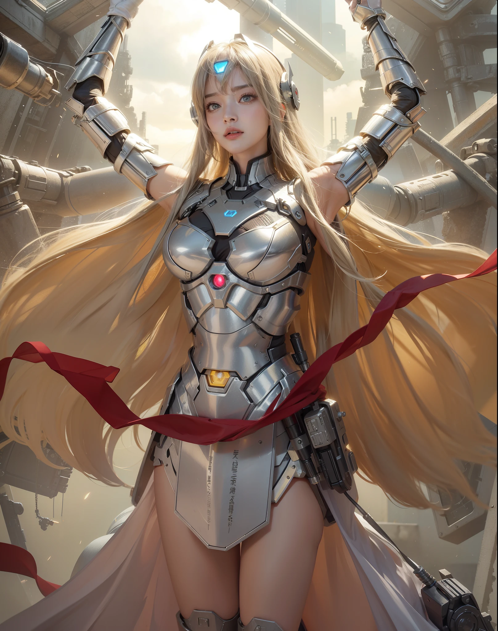Futuristic high-tech style,best quality,Fairy Skin,(every time :1.2),eternal,Very detailed,Practical,high quality,Light,Light线追踪,Ultra HD,Upper Body, Future Iron Man Mech,shooting,Battery,Transmitter,Large caliber artillery,Rostlan 8K,Armored Girl,Wearing a cyberpunk technology helmet,星际战甲helmet,With breathing Light,The armor of the future shines,Armed Cannon,High-tech armor,helmet,Mechanical,圣Light大天使,穿着Light明机械铠甲,Raise your hands