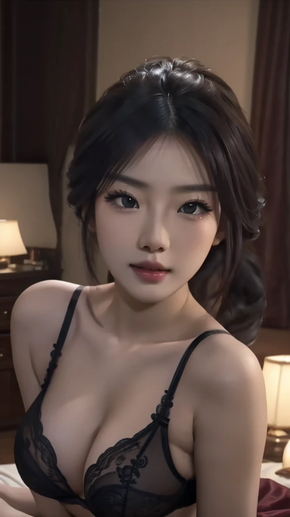 beautiful detailed eyes, beautiful detailed lips, extremely detailed eyes and face, long eyelashes, 1 asian woman, black lingerie, laying on king size bed, seductive pose, high quality, 8k, detailed, photorealistic, chiaroscuro lighting, dramatic shadows, warm color tones, cinematic composition