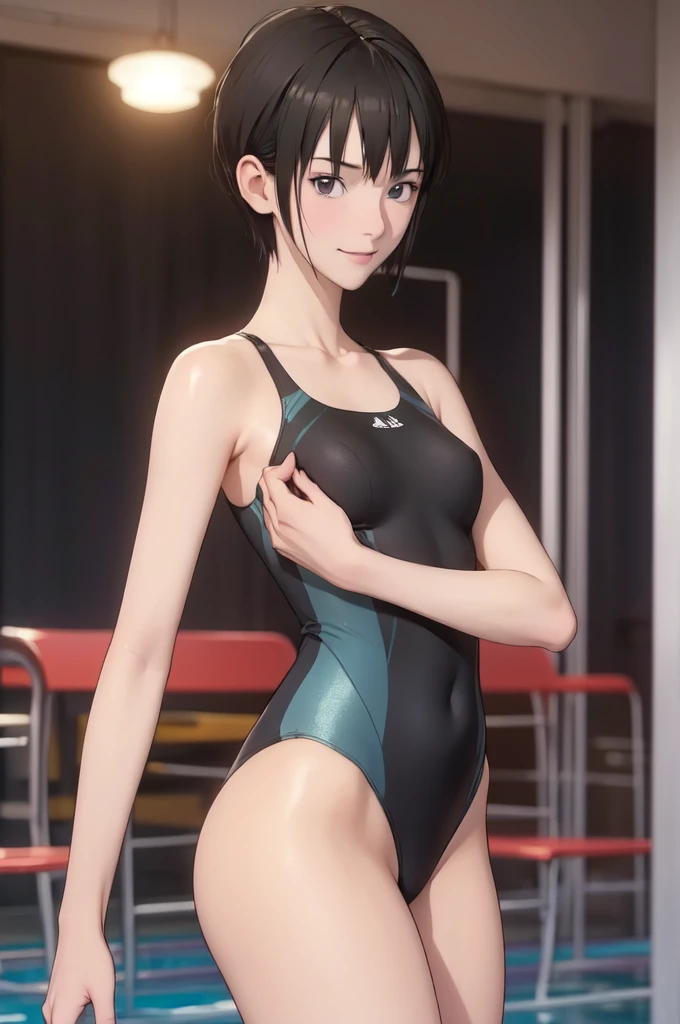 ((masterpiece, best quality)),((highres:1.2)), 1 Girl, solo, Blurred Background, ((One piece swimsuit)), (((Small breasts))), Thighs, pool, (Groin), (slanted eyes), Excited Pose, ((pixie cut:1.3))