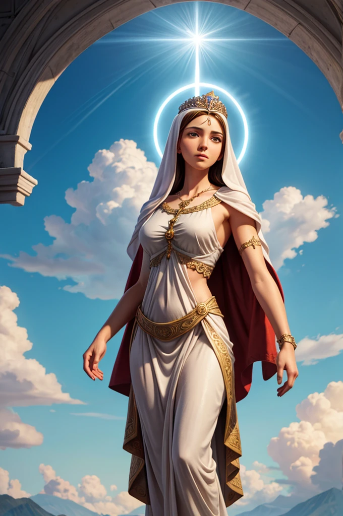 work of art, woman and , holy virgin mary of carmo, crown above head, holding a  in the left arm, holding a scapular on his right arm, series, in front of a white background, halfbody, ((godly light)), ethereal, clouds, rear lighting, true-to-life portrayal, Symmetrical, stark, intricate drawing, highy detailed, digitalpainting, art station, conceptual artwork, flowy, sharp focus, illustration, Against Heaven&#39;s Gate, cinematic lighting, works by Artgerm and Greg Rutkowski and Alphonse Mucha