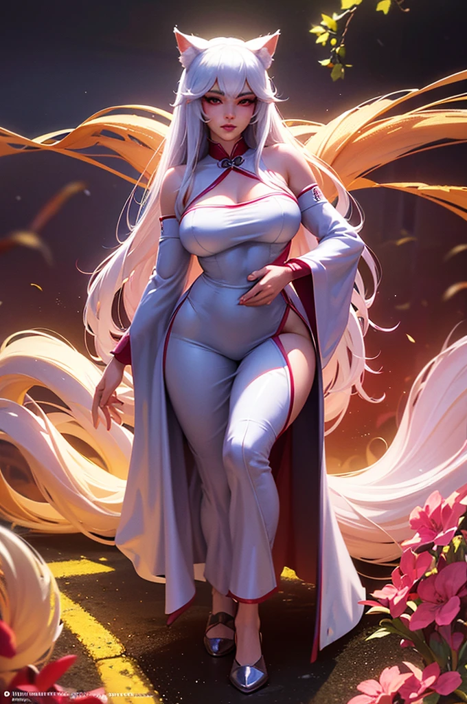 A beautiful girl with cat ears, long white hair, and a furry cat tail, red eyes, wearing white Qipao with red flowers details, slender figure with large breasts, (best quality,4k,8k,highres,masterpiece:1.2),ultra-detailed,(realistic,photorealistic,photo-realistic:1.37),detailed eyes,detailed lips,extremely detailed face,long eyelashes,fantasy,magical,digital painting,concept art,vibrant colors,dramatic lighting,highly detailed, full body image