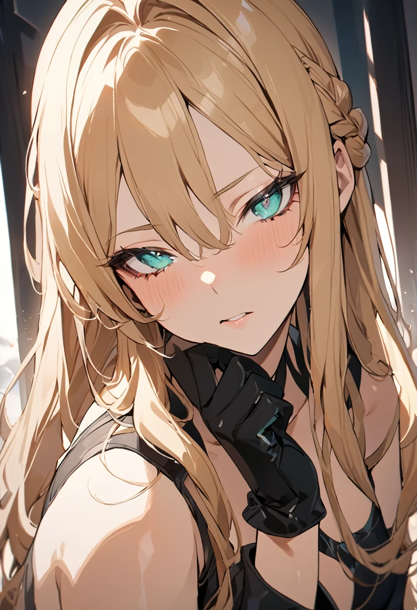 Masterpiece, Perfect face, expressive eyes,1girl, female focus, solo, black gloves, gloves, blonde hair, long hair, clean hair, braided hair, aqua eyes, beautiful, sexy, light make up Bleach style, Bleach
