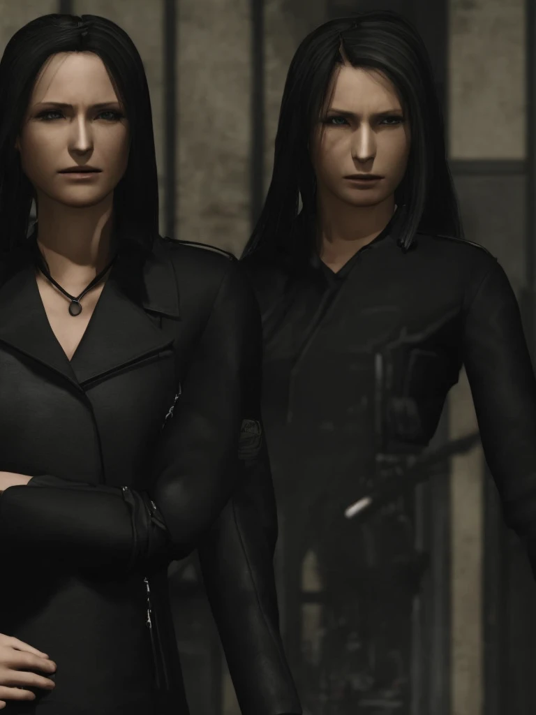 satoworks, One woman, long black hair, wearing a black leather jacket, lost expression