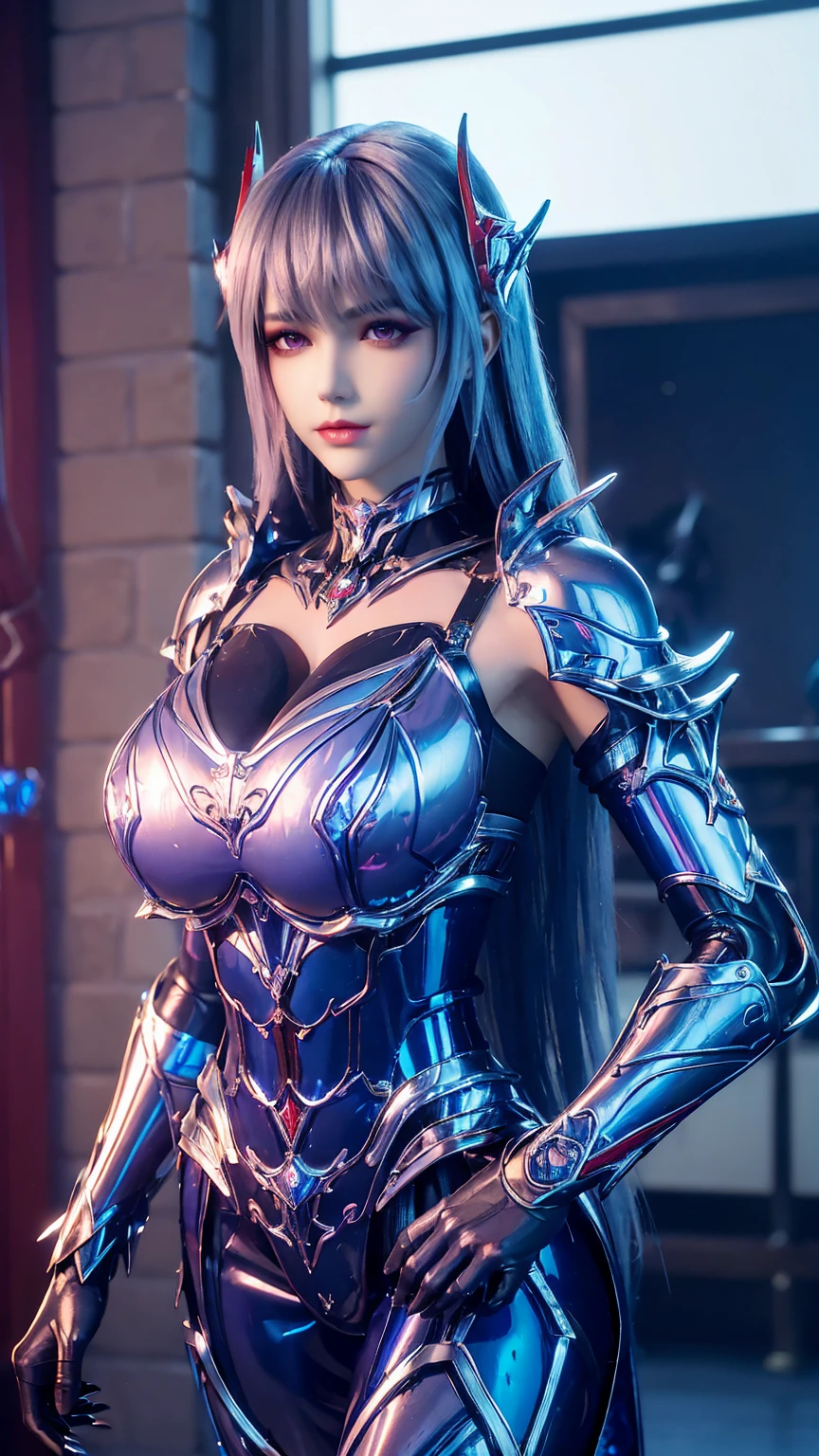 A BUSTY MILF, CLOSEUP UPPER BODY,SOLO, ((DRAGON MECHA HORN,BLUE LONG HAIR)), (GIGANTIC FAKE BOOBIES,CLEAVAGE TOP,11 LINE ABS:1.5), ((WEARING OUTFIT SILVER, BLUE, CRIMSON RED DRAGON MECHA TRANSFORMERS SKIMPY ARMOR:1.5)), (MUSCULAR BODY SHAPE:1.5), (CLEAN GLOSSY BODYSKIN:1.5), (LOOKING AT VIEWER:1.6), (BACKGROUND FUTURISTIC SPACE STATION:1), (PHOTOREALSITIC:1.4), (ULTRA-DETAILLIERT), (TOP-QUALITY), (BEST SHADOWS), BRIGHT LIGHT IN ROOM, HYPER TEXTURE, (4X MSAA), ((UNREAL ENGINE 5 RENDER)), (NEON), PHYSICALLY-BASED RENDERING, ULTRA HIGHT DEFINITION, 16K, 1080P.