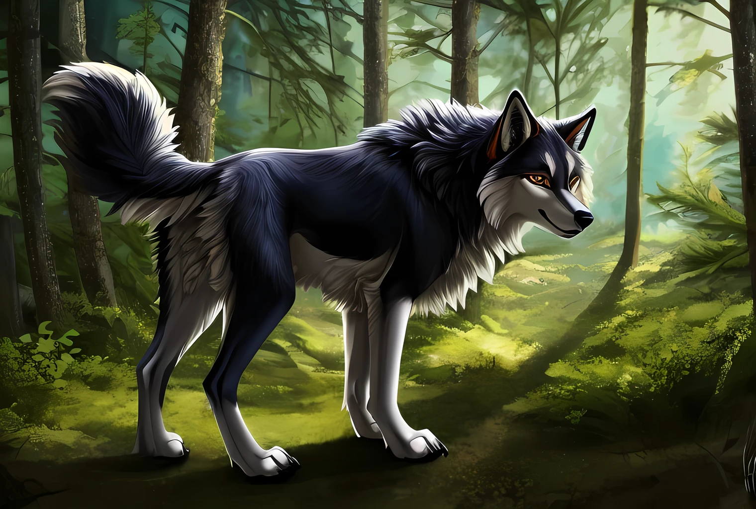 feral,solo,male,wolf,hi res,fur,quadruped,looking at viewer,claws,anatomically correct,forest,outside,sheath,fully sheathed,barely visible sheath,full body