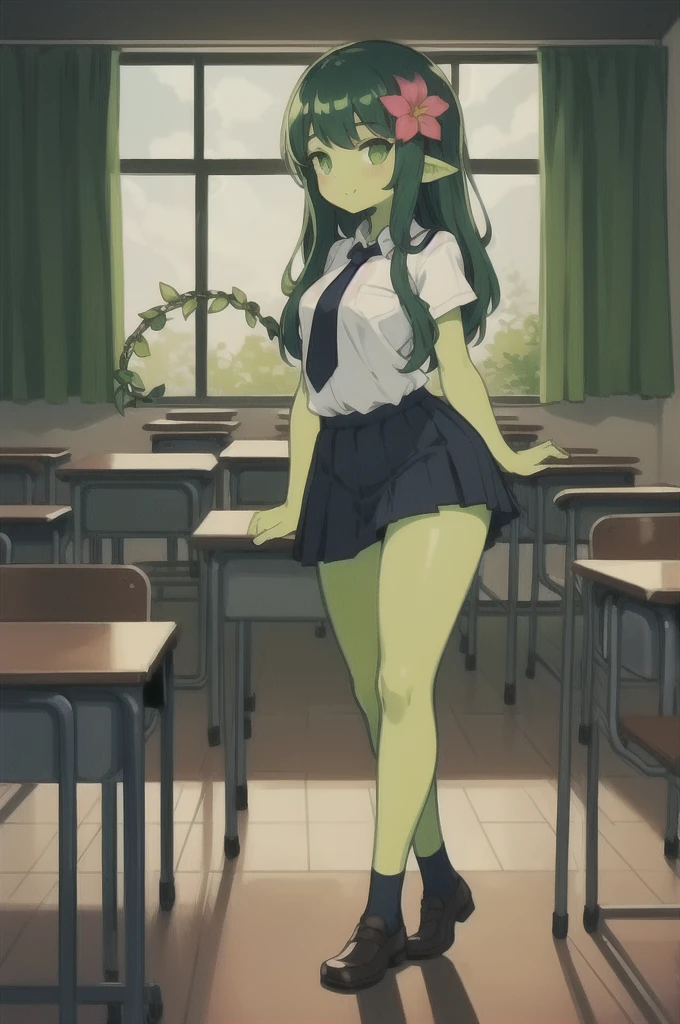 1girl,20s,adult, alraune, white shirt,short sleeves,black standard tie,black school skirt,green hair,long hairmflower, vines on body, full body, classroom,(greenskin)