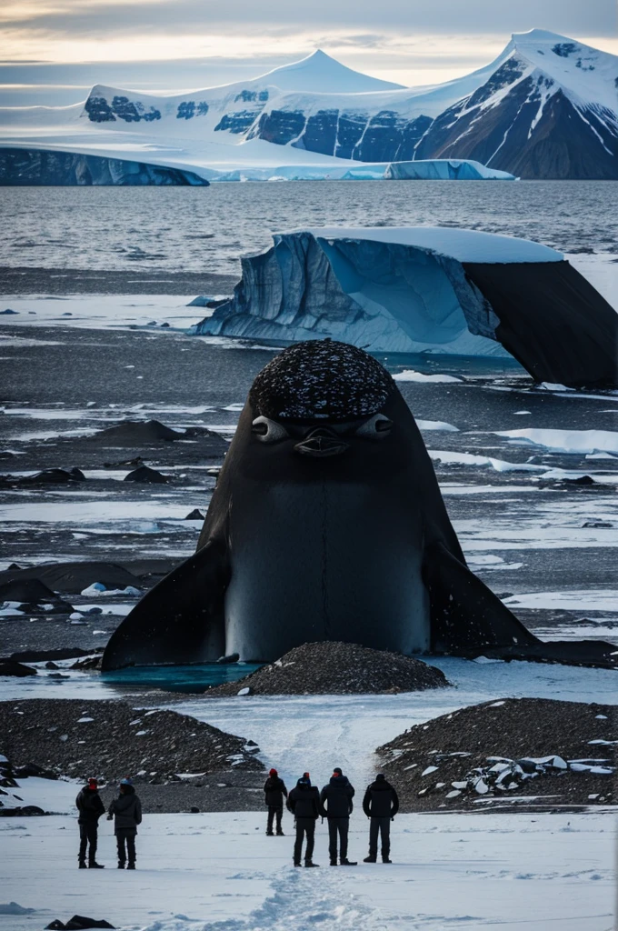 A fantastic and mysterious monster in Antarctica with people around watching and taking photos