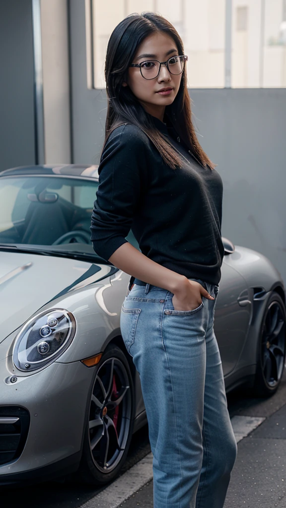 a cute tan Chinese girl wearing glasses,jeans, standing next to a Porsche 911 sports car, beautiful detailed eyes, beautiful detailed lips, extremely detailed face, long eyelashes, photorealistic, 8k, ultra-detailed, physically-based rendering, vivid colors, studio lighting, professional photography