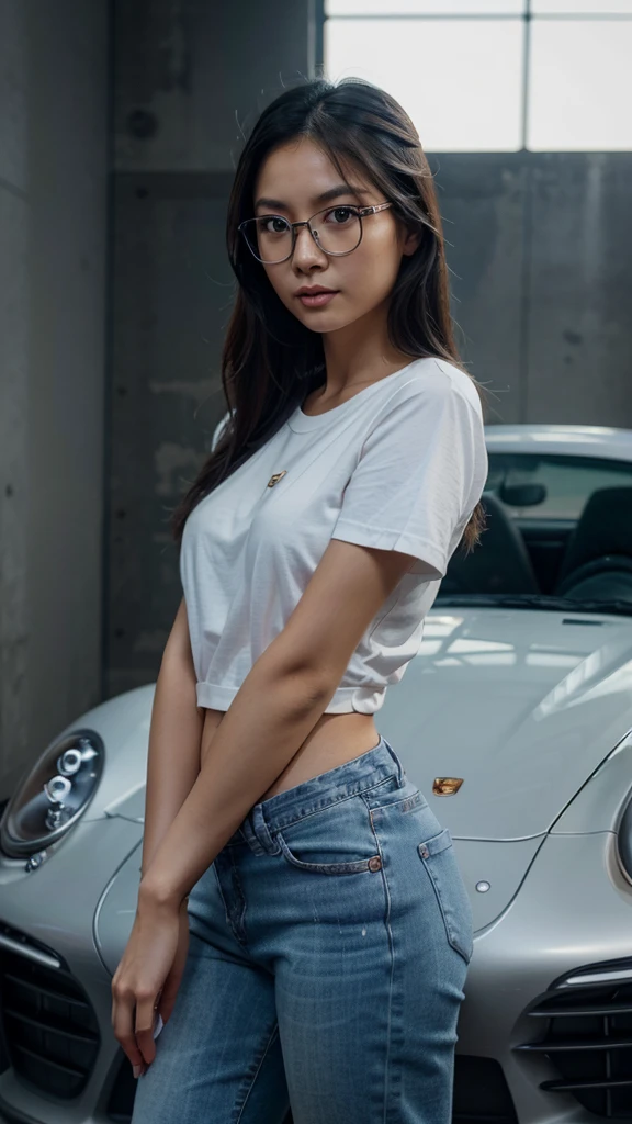 a cute tan Chinese girl wearing glasses,jeans, standing next to a Porsche 911 sports car, beautiful detailed eyes, beautiful detailed lips, extremely detailed face, long eyelashes, photorealistic, 8k, ultra-detailed, physically-based rendering, vivid colors, studio lighting, professional photography