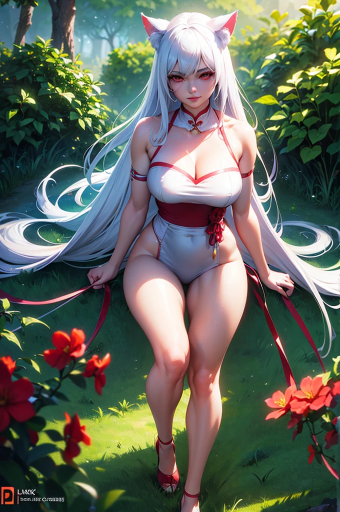 A beautiful girl with cat ears, long white hair, and a furry cat tail, red eyes, wearing white Qipao with red flowers details, slender figure with large breasts, (best quality,4k,8k,highres,masterpiece:1.2),ultra-detailed,(realistic,photorealistic,photo-realistic:1.37),detailed eyes,detailed lips,extremely detailed face,long eyelashes,fantasy,magical,digital painting,concept art,vibrant colors,dramatic lighting,highly detailed, full body image
