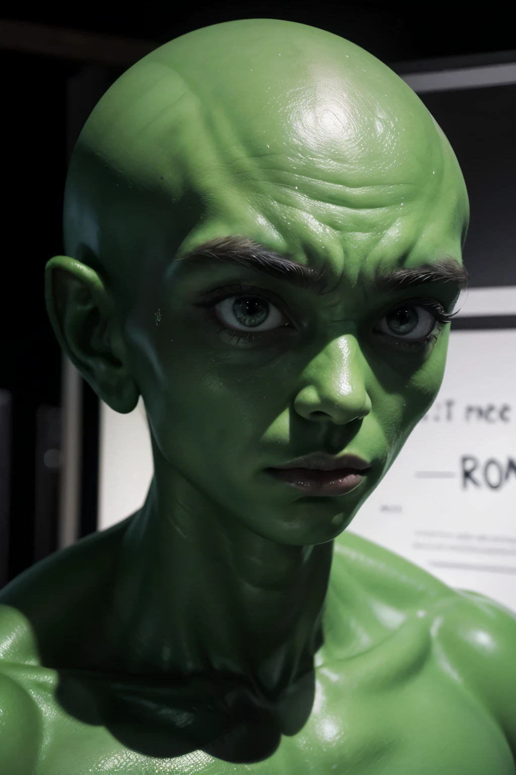 A green alien, big head and black eyes, muscular