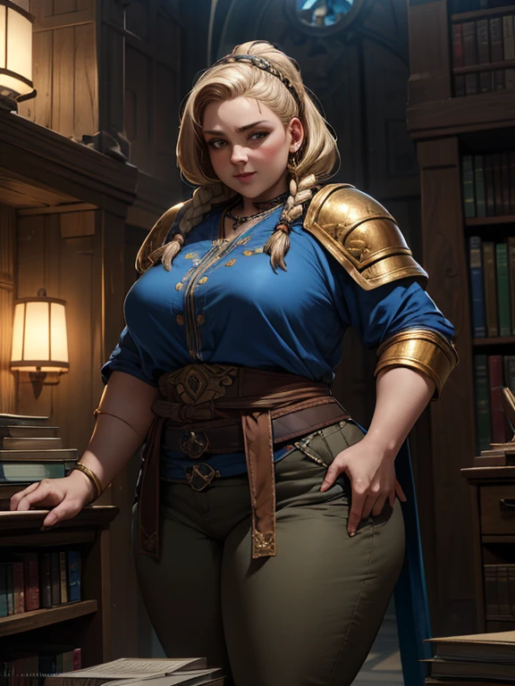 (masterpiece, highly detailed, artstation, absurdres, fantasy), solo, (big head), happy facial expression, (woman dwarf, short body, short legs, broad shoulders, broad waist, fat:1.3), blonde hair in long thick braids, golden tattoos on her face, bangles, light armor, blue shirt, brown pants, in a dwarven stronghold with books, sharp focus, cinematic composition, 