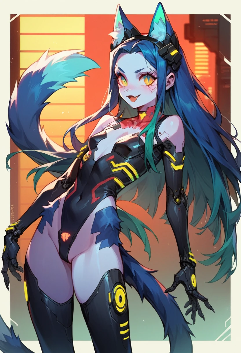 depiction of a cyberpunk cat girl, using a neon color palette of blues, greens, and purples, cyberpunk, android girl, background, score_7_up, score_8_up, score_9, abstract, cyberpunk background, detailed eyes, one cute fang, cybernetic implants, android, slit pupils, cat eyes silhouette, 1girl, score_9, score_8_up, score_7_up, highres, masterpiece, cowboy shot, young girl, tinyy proportions, loli:1.5, tinyy chest, skimpy neon hologram cyberpunk outfit, high cut, cutout, tight, no human ears, cybernetic neon cat ears, furred arms and legs, neon cybernetic cat tail, digitigrade legs, dynamic erotic pose, crotchless, glowing neon pusssy, 