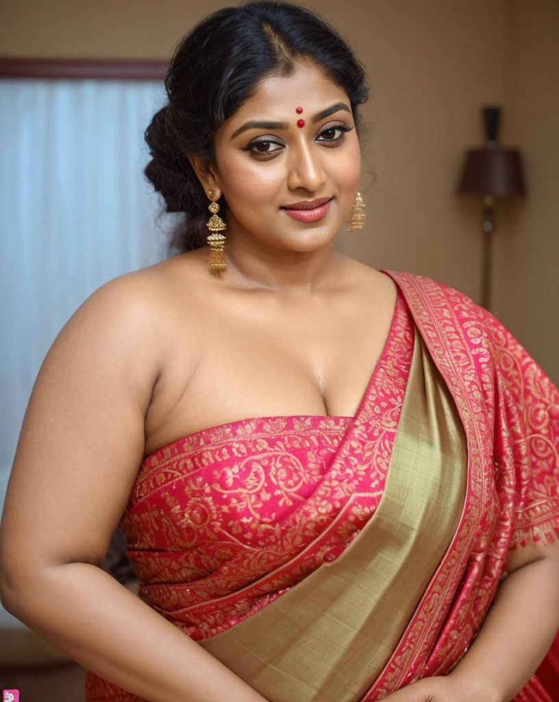 Wearing a sexy satin saree with strapless Bra, sexy Indian housewife, Looks like Indian Actress Nayanthara, actress Nayanthara, mallu, mallu aunty, desi aunty, full figured mature beauty,  sweaty skin , shining skin, sweat, attractive figure, 48 years old, spicy hot, desi milf, desi aunty, a close up of a woman in a red dress in a bedroom, inspired by Avigdor Arikha, sleek!!!, indian super model, wavy hair combed to one side, actress, by Jitish Kallat, smoldering, intense smoldering, fashion, an angel, print ready, with a dramatic looking, inspired by Sudip Roy, seductive look, sexy Saree queen, sexy Saree fashion, seductive Saree,  wear saree, sizzling hot Beauty, red juicy lips, 