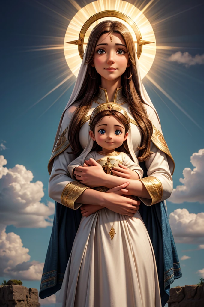 work of art, woman and , Blessed Virgin Mary with  in her arms, halo above the head, smiling, heavenly sky, halfbody, ((godly light)), ethereal, clouds, rear lighting, true-to-life portrayal, Symmetrical, stark, intricate drawing, highy detailed, digitalpainting, art station, conceptual artwork, flowy, sharp focus, illustration, Against Heaven&#39;s Gate, cinematic lighting, works by Artgerm and Greg Rutkowski and Alphonse Mucha