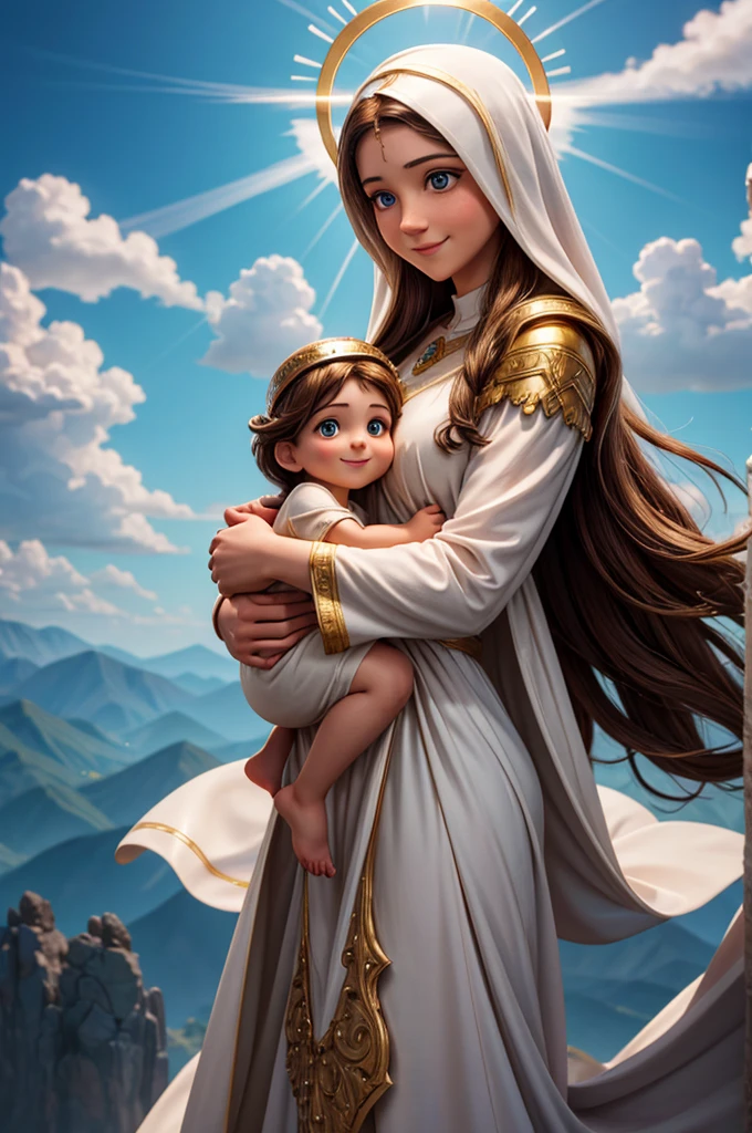 work of art, woman and , Blessed Virgin Mary with in her arms, halo above the head, smiling, heavenly sky, halfbody, ((godly light)), ethereal, clouds, rear lighting, true-to-life portrayal, Symmetrical, stark, intricate drawing, highy detailed, digitalpainting, art station, conceptual artwork, flowy, sharp focus, illustration, Against Heaven's Gate, cinematic lighting, works by Artgerm and Greg Rutkowski and Alphonse Mucha
