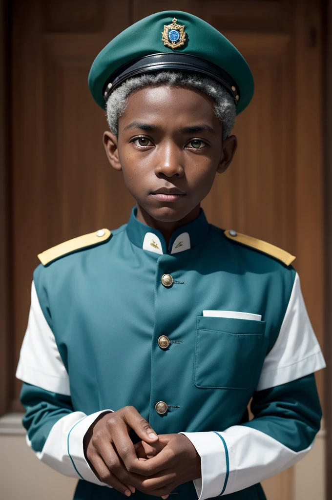 1 19 year old boy, with dark skin and green eyes and a blue uniform