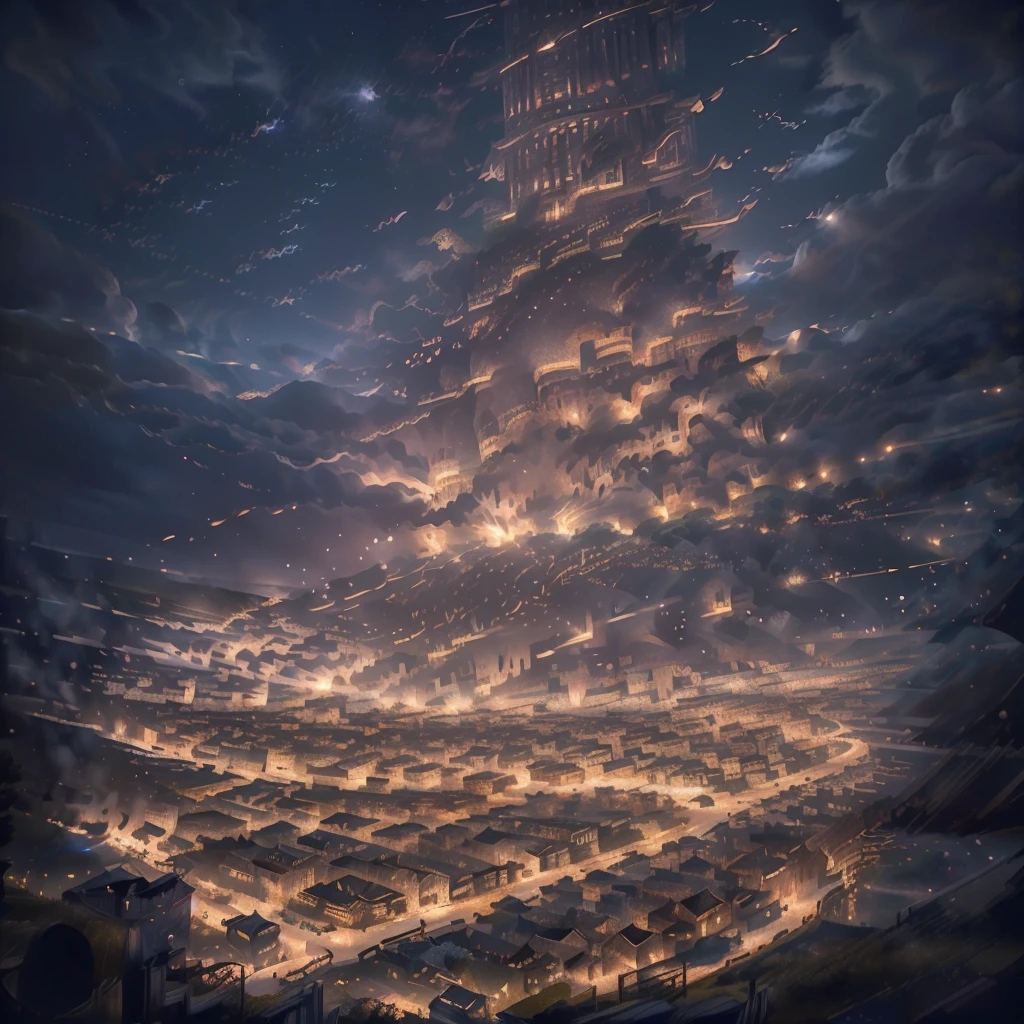 A catastrophic scene of a coastal city, with a stunning night sky full of falling meteors, (best quality,4k,8k,highres,masterpiece:1.2),ultra-detailed,(realistic,photorealistic,photo-realistic:1.37),detailed cityscape with visible coastline, disaster, catastrophe, apocalyptic, night landscape, clear night sky