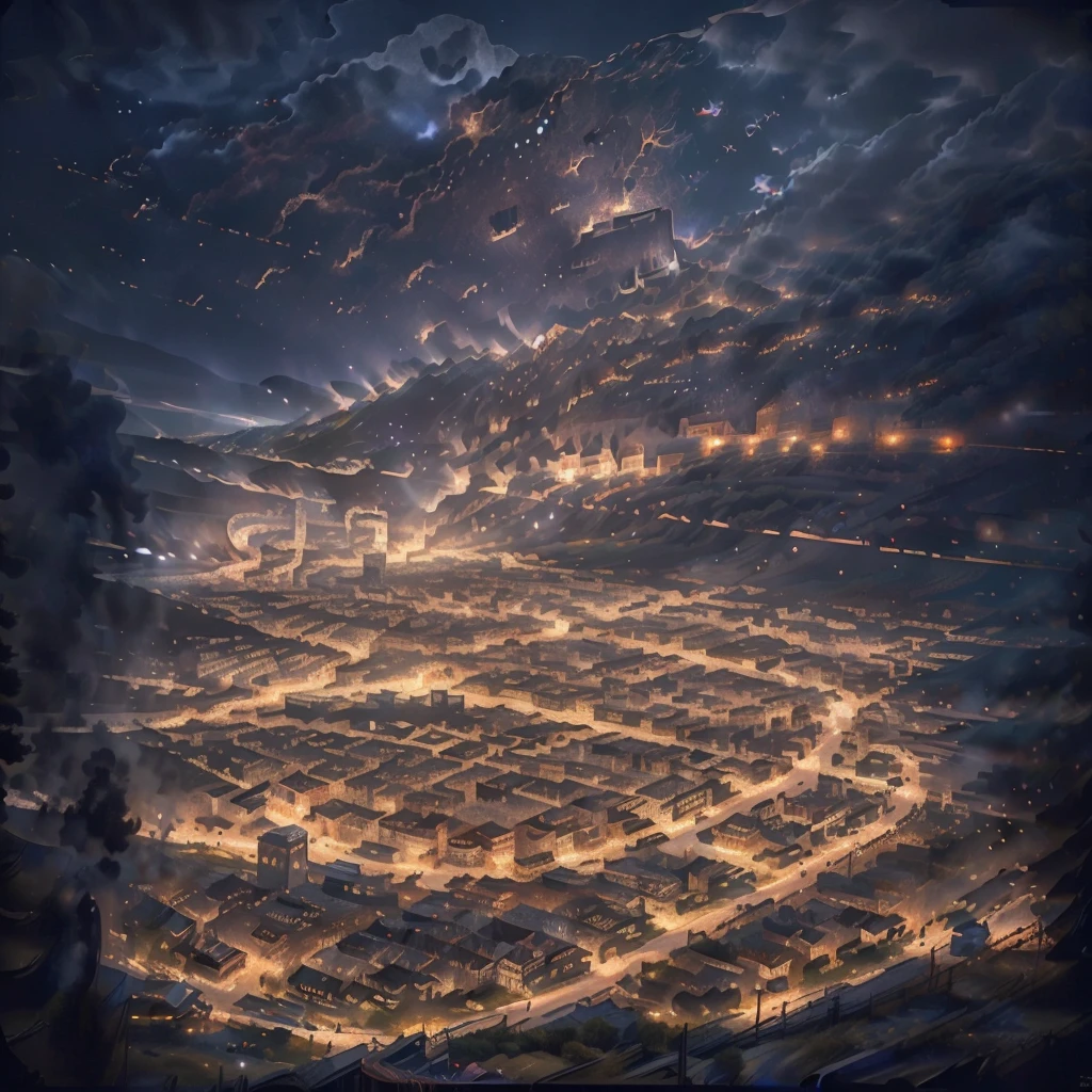 A catastrophic scene of a coastal city, with a stunning night sky full of falling meteors, (best quality,4k,8k,highres,masterpiece:1.2),ultra-detailed,(realistic,photorealistic,photo-realistic:1.37),detailed cityscape with visible coastline, disaster, catastrophe, apocalyptic, night landscape, clear night sky