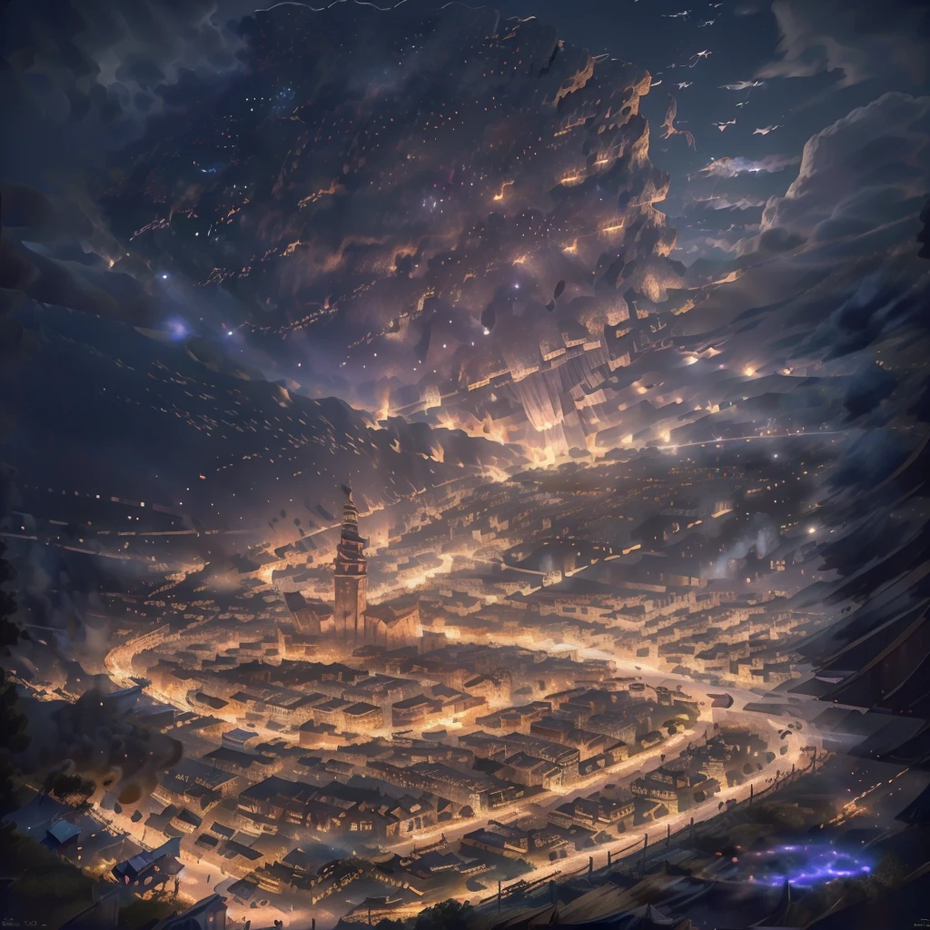 A catastrophic scene of a coastal city, with a stunning night sky full of falling meteors, (best quality,4k,8k,highres,masterpiece:1.2),ultra-detailed,(realistic,photorealistic,photo-realistic:1.37),detailed cityscape with visible coastline, disaster, catastrophe, apocalyptic, night landscape, clear night sky