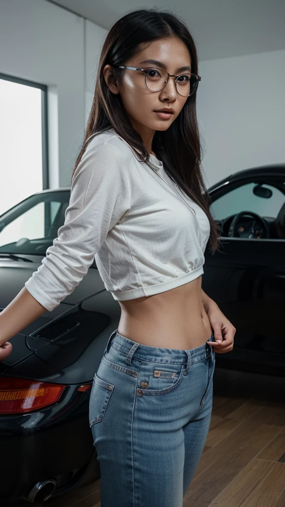 a cute tan Chinese girl wearing glasses,jeans, standing next to a Porsche 911 sports car, beautiful detailed eyes, beautiful detailed lips, extremely detailed face, long eyelashes, photorealistic, 8k, ultra-detailed, physically-based rendering, vivid colors, studio lighting, professional photography