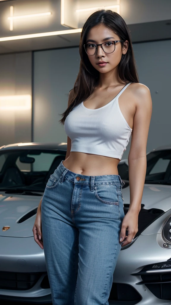a cute tan Chinese girl wearing glasses,jeans, standing next to a Porsche 911 sports car, beautiful detailed eyes, beautiful detailed lips, extremely detailed face, long eyelashes, photorealistic, 8k, ultra-detailed, physically-based rendering, vivid colors, studio lighting, professional photography