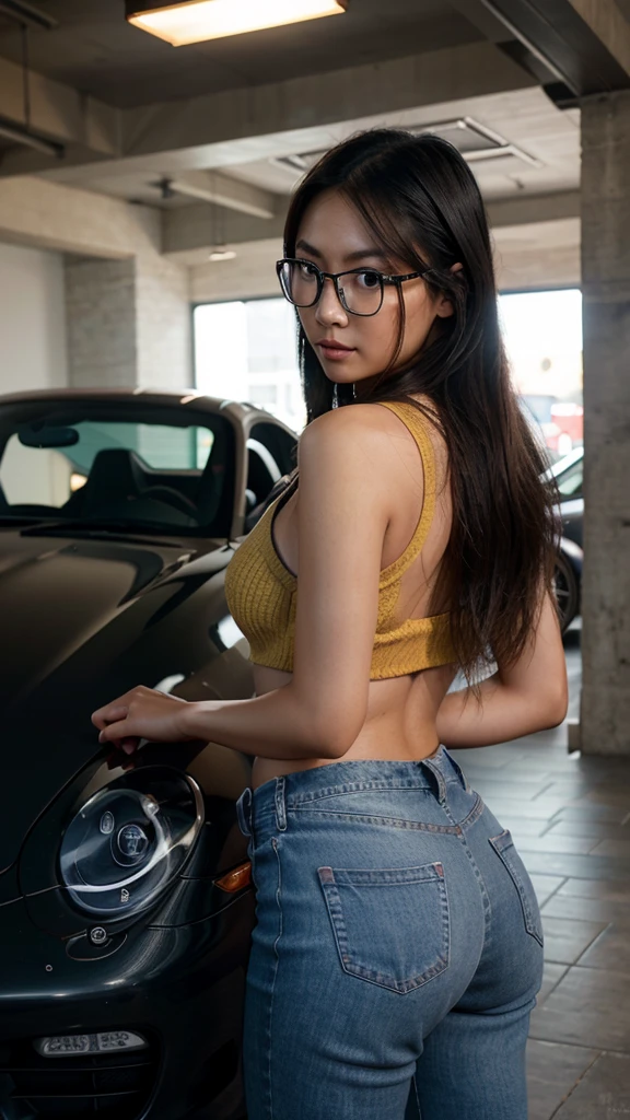 a cute tan Chinese girl wearing glasses,jeans, standing next to a Porsche 911 sports car, beautiful detailed eyes, beautiful detailed lips, extremely detailed face, long eyelashes, photorealistic, 8k, ultra-detailed, physically-based rendering, vivid colors, studio lighting, professional photography