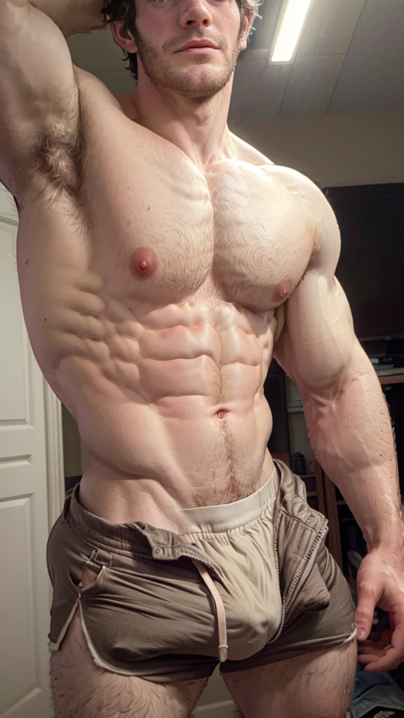 Masterpiece, denoise, void noise, one man, best quality, 8k resolution, male focus, focus only, amazing composition, volumetric lighting, super quality, elegant, Very detailed, front view, facing viewer, -----------, 35 years old, mature face, muscular, Caucasian, (((white skin, pale skin))), handsome, (detailed light-blue eyes), ((light blonde hair, messy medium hairstyle)), big ears, (hairy pectorals, thick plenty chest and body hair), (medium long beard), (((((Jim Sturgess mixed with Russell Tovey))))), (((big nipples, perky nipples))), ------------, ((((detailed slightly down shorts)))), (((shirtless))), ((good surprised face, raised eyebrows)), (((close-up)))