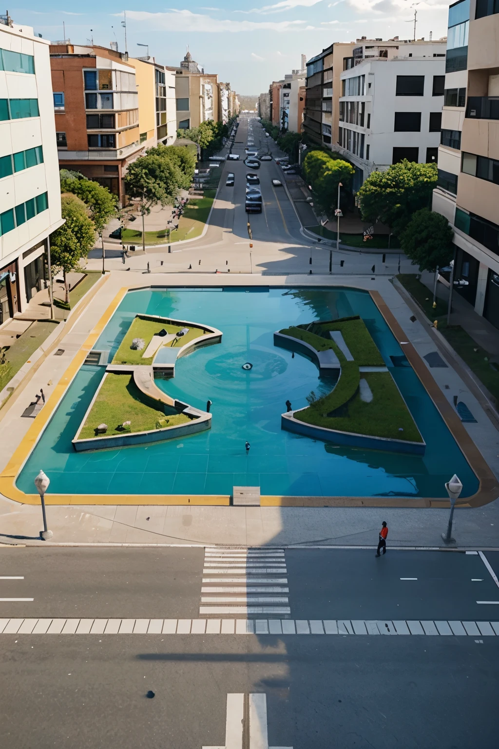 urban square , with sculptures referring to the sea , with dynamic sites ,cultural mosaic floors from venezuela, near a river