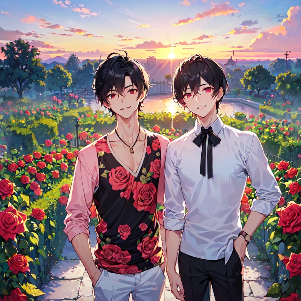 masterpiece,best quality,high quality,(2male austere handsome solo adult age30 two people:1.5), red eyes, cool with suspended eyes, V-shaped eyebrows, body strong and fearless 8.5 head tall, height 185 cm, (well-groomed black short hair to neck: 1.4), (bangs split into 7 thirds:1.4), slender nose, expression lines, throat, (trousers in rose print summer fashion:1.3), (hand on face), (standing), (stylish pose), (smiling:1.3), (rose garden:1.3), (sunset:1.3) , (upper body:1.3)