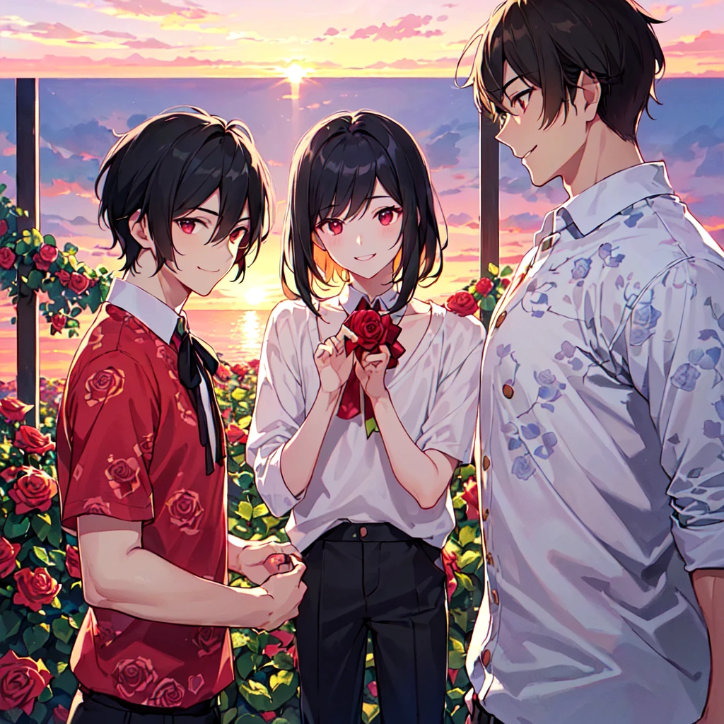masterpiece,best quality,high quality,(2male austere handsome solo adult age30 two people:1.5), red eyes, cool with suspended eyes, V-shaped eyebrows, body strong and fearless 8.5 head tall, height 185 cm, (well-groomed black short hair to neck: 1.4), (bangs split into 7 thirds:1.4), slender nose, expression lines, throat, (trousers in rose print summer fashion:1.3), (hand on face), (standing), (stylish pose), (smiling:1.3), (rose garden:1.3), (sunset:1.3) , (upper body:1.3)