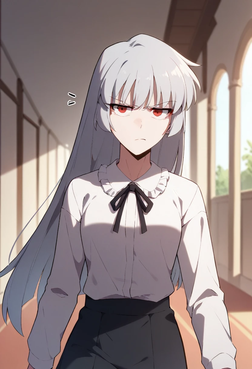 score_9, score_8_up, score_7_up,
AliceSMLN,
1girl, solo, closed mouth, annoyed,
grey hair, long hair, red eyes,
AliceNice, white shirt, frilled collar, black ribbon, black skirt, 
walking, looking at the viewer,
indoors, blurry background