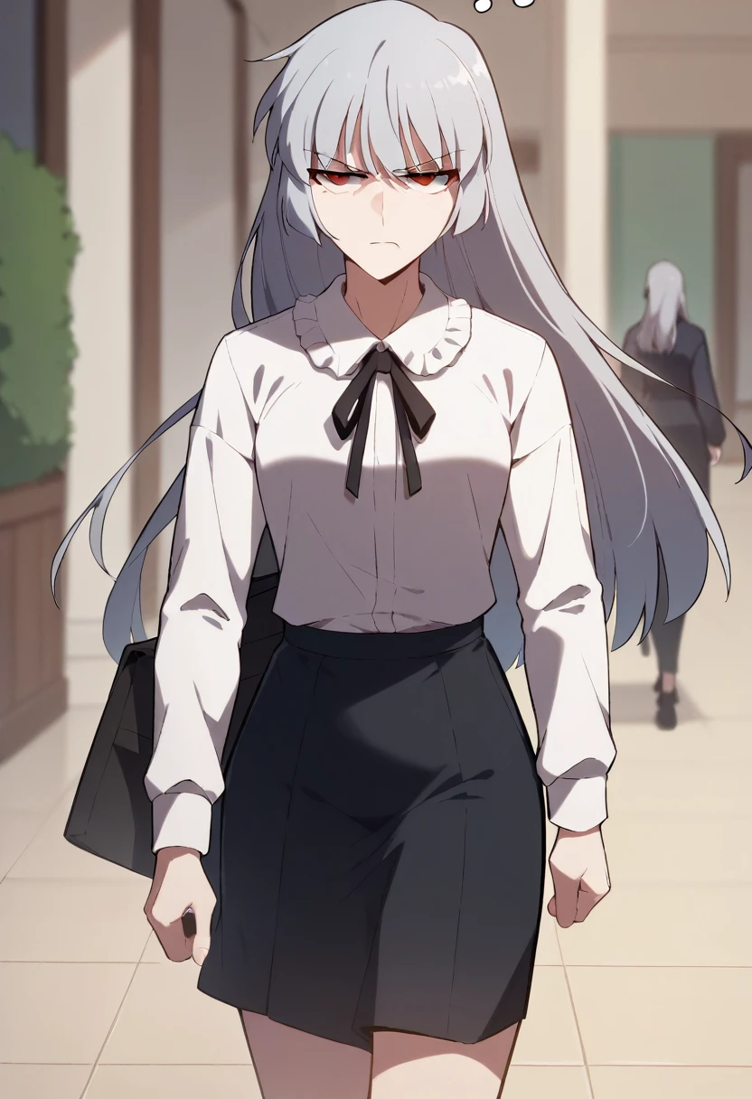 score_9, score_8_up, score_7_up,
AliceSMLN,
1girl, solo, closed mouth, annoyed,
grey hair, long hair, red eyes,
AliceNice, white shirt, frilled collar, black ribbon, black skirt, 
walking, looking at the viewer,
indoors, blurry background