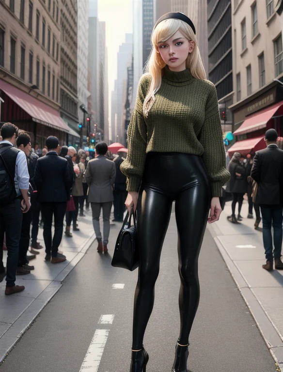 (masterpiece,best quality,absurdres,beautiful,aesthetic,detailed), (Detailed face:1.2), (Detailed eyes:1.2), 1girl, solo, (Gwen Stacy:1.1), platinum blonde hair, bright blue eyes, ((Wearing: Black headband, olive green sweater, black leggings, black heels)), standing outside on New York streets, crowds of people on the surroundings, full body busy atmosphere, cinematic lighting, detailed background,