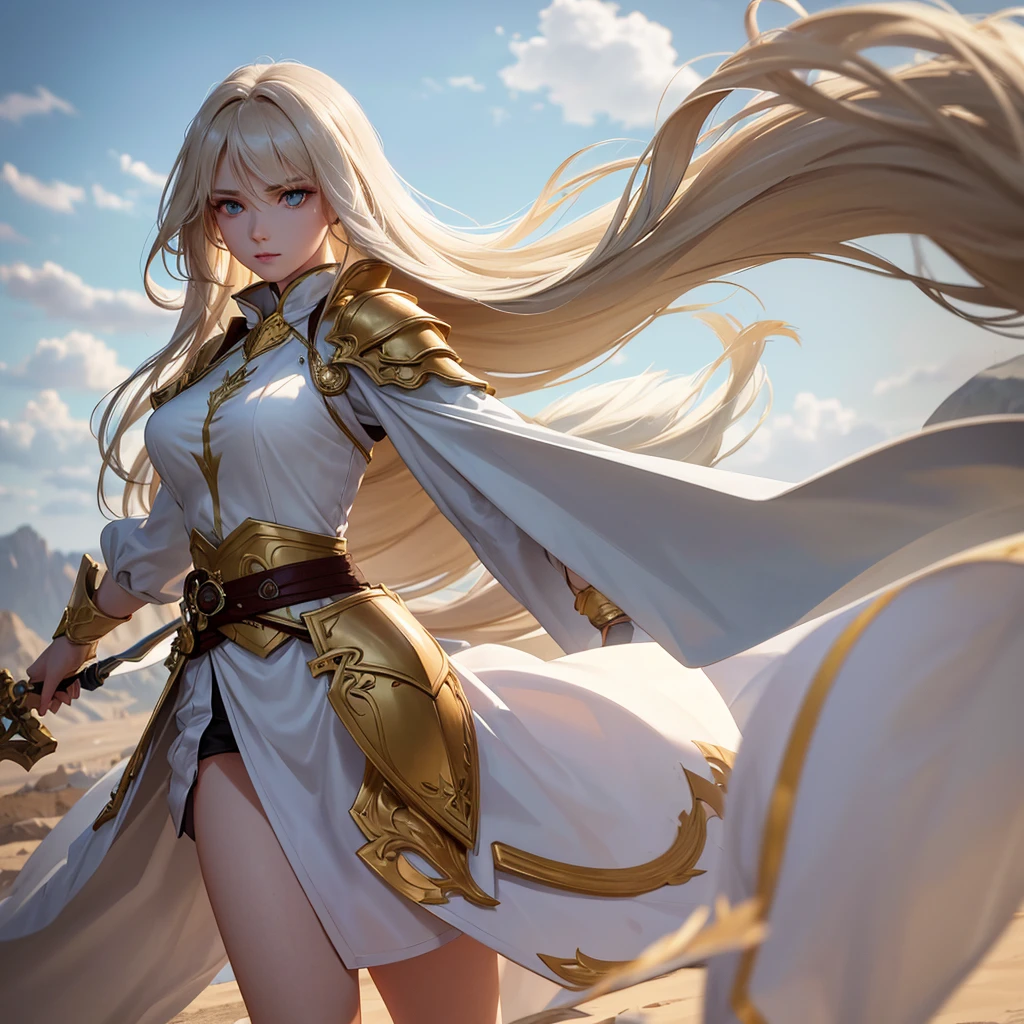 A slender and athletic woman with long flowing golden hair and piercing green eyes, wearing lightweight armor that allows for agility and flexibility, complemented by a cloak that protects her from the elements, holds a beautifully crafted two-handed sword and a belt adorned with vials of energy potions, stands poised for battle, her sword raised and her eyes focused on the enemy, against a rugged terrain or a battlefield amidst swirling winds, reflecting her connection to the wind element, conveying her confidence, power, and unwavering determination to protect those she cares about, (best quality,4k,8k,highres,masterpiece:1.2),ultra-detailed,(realistic,photorealistic,photo-realistic:1.37),beautiful detailed eyes,beautiful detailed lips,extremely detailed eyes and face,longeyelashes,wind blast,wind shield,wind-assisted movement,1girl