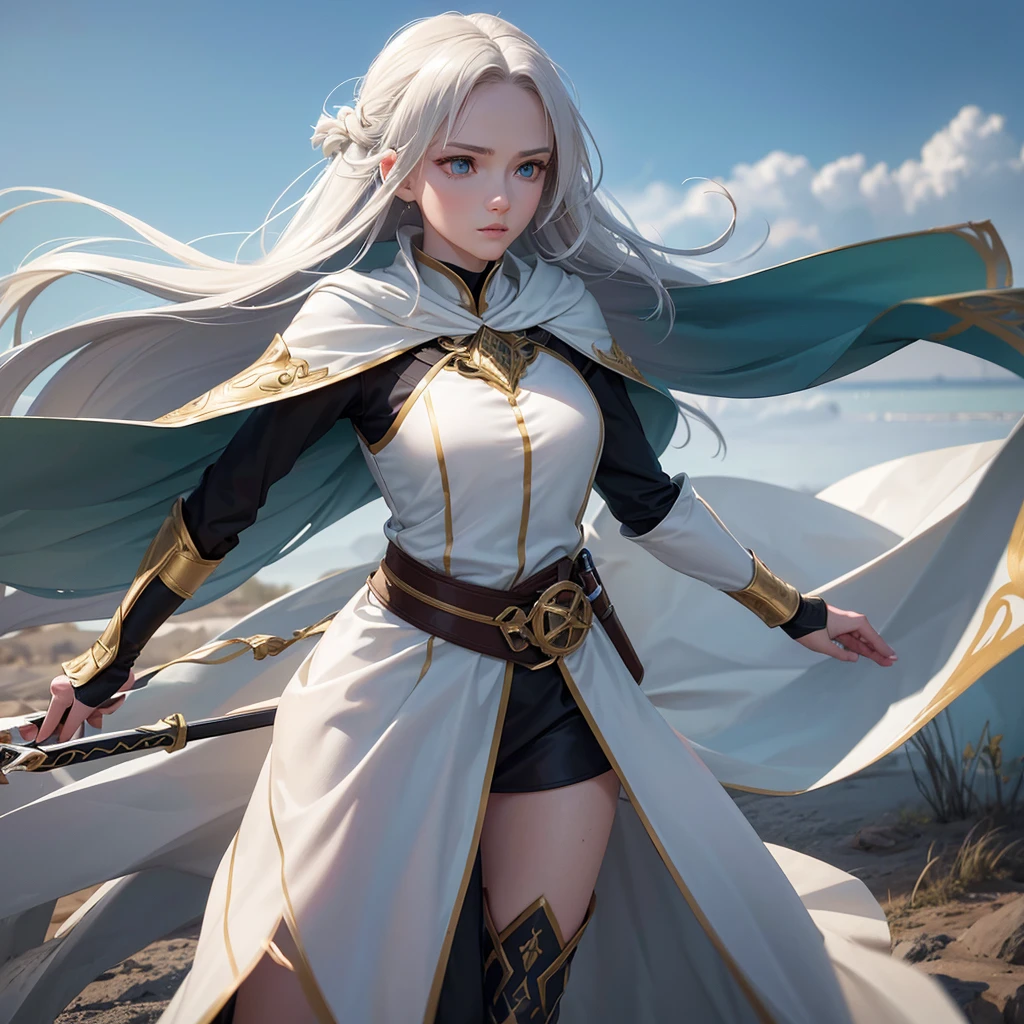 A slender and athletic woman with long flowing golden hair and piercing green eyes, wearing lightweight armor that allows for agility and flexibility, complemented by a cloak that protects her from the elements, holds a beautifully crafted two-handed sword and a belt adorned with vials of energy potions, stands poised for battle, her sword raised and her eyes focused on the enemy, against a rugged terrain or a battlefield amidst swirling winds, reflecting her connection to the wind element, conveying her confidence, power, and unwavering determination to protect those she cares about, (best quality,4k,8k,highres,masterpiece:1.2),ultra-detailed,(realistic,photorealistic,photo-realistic:1.37),beautiful detailed eyes,beautiful detailed lips,extremely detailed eyes and face,longeyelashes,wind blast,wind shield,wind-assisted movement,1girl