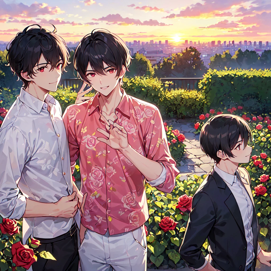 masterpiece,best quality,high quality,(2male austere handsome solo adult age30 two people:1.5), red eyes, cool with suspended eyes, V-shaped eyebrows, body strong and fearless 8.5 head tall, height 185 cm, (well-groomed black short hair to neck: 1.4), (bangs split into 7 thirds:1.4), slender nose, expression lines, throat, (trousers in rose print summer fashion:1.3), (hand on face), (standing), (stylish pose), (smiling:1.3), (rose garden:1.3), (sunset:1.3) , (upper body:1.3)