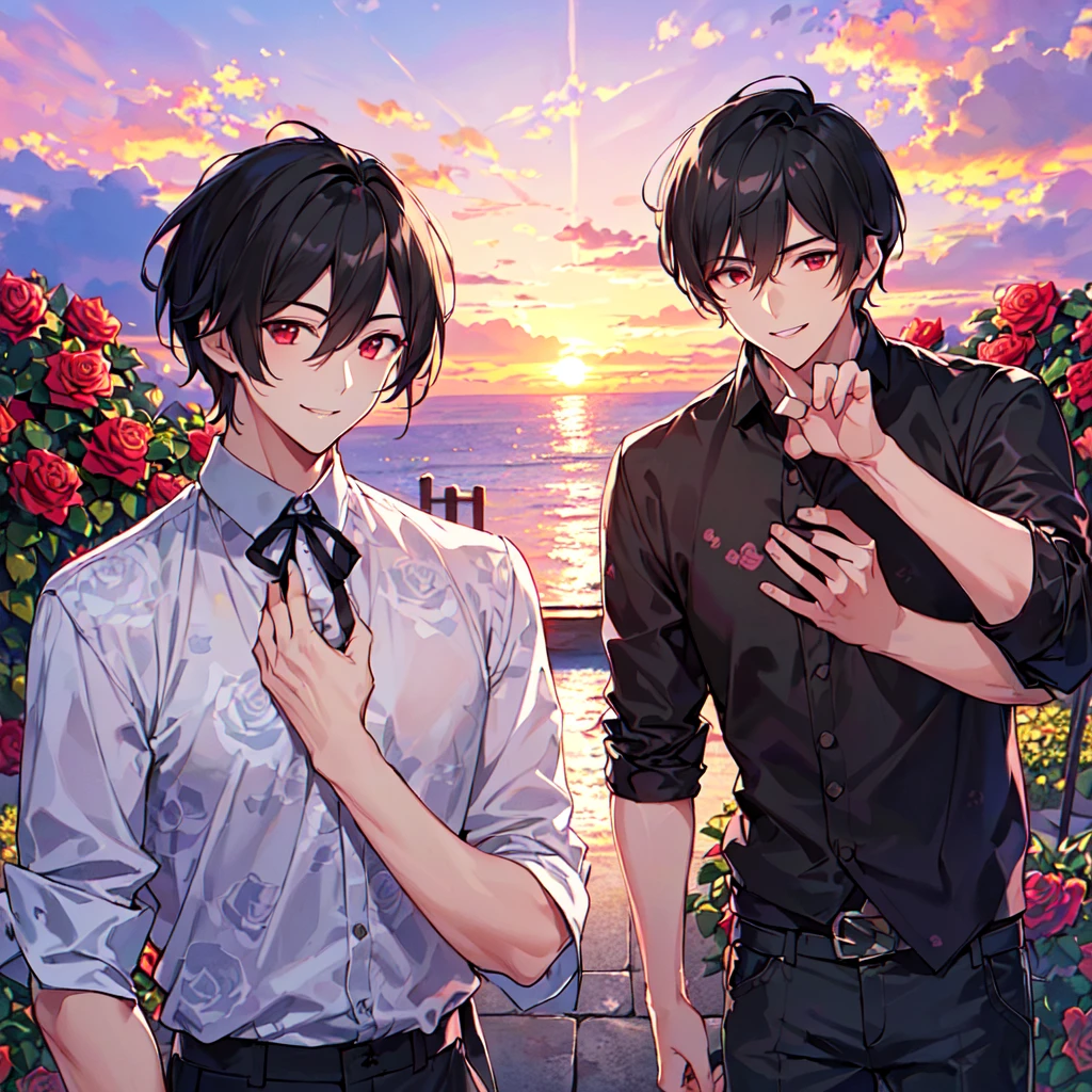masterpiece,best quality,high quality,(2male austere handsome solo adult age30 two people:1.5), red eyes, cool with suspended eyes, V-shaped eyebrows, body strong and fearless 8.5 head tall, height 185 cm, (well-groomed black short hair to neck: 1.4), (bangs split into 7 thirds:1.4), slender nose, expression lines, throat, (trousers in rose print summer fashion:1.3), (hand on face), (standing), (stylish pose), (smiling:1.3), (rose garden:1.3), (sunset:1.3) , (upper body:1.3)